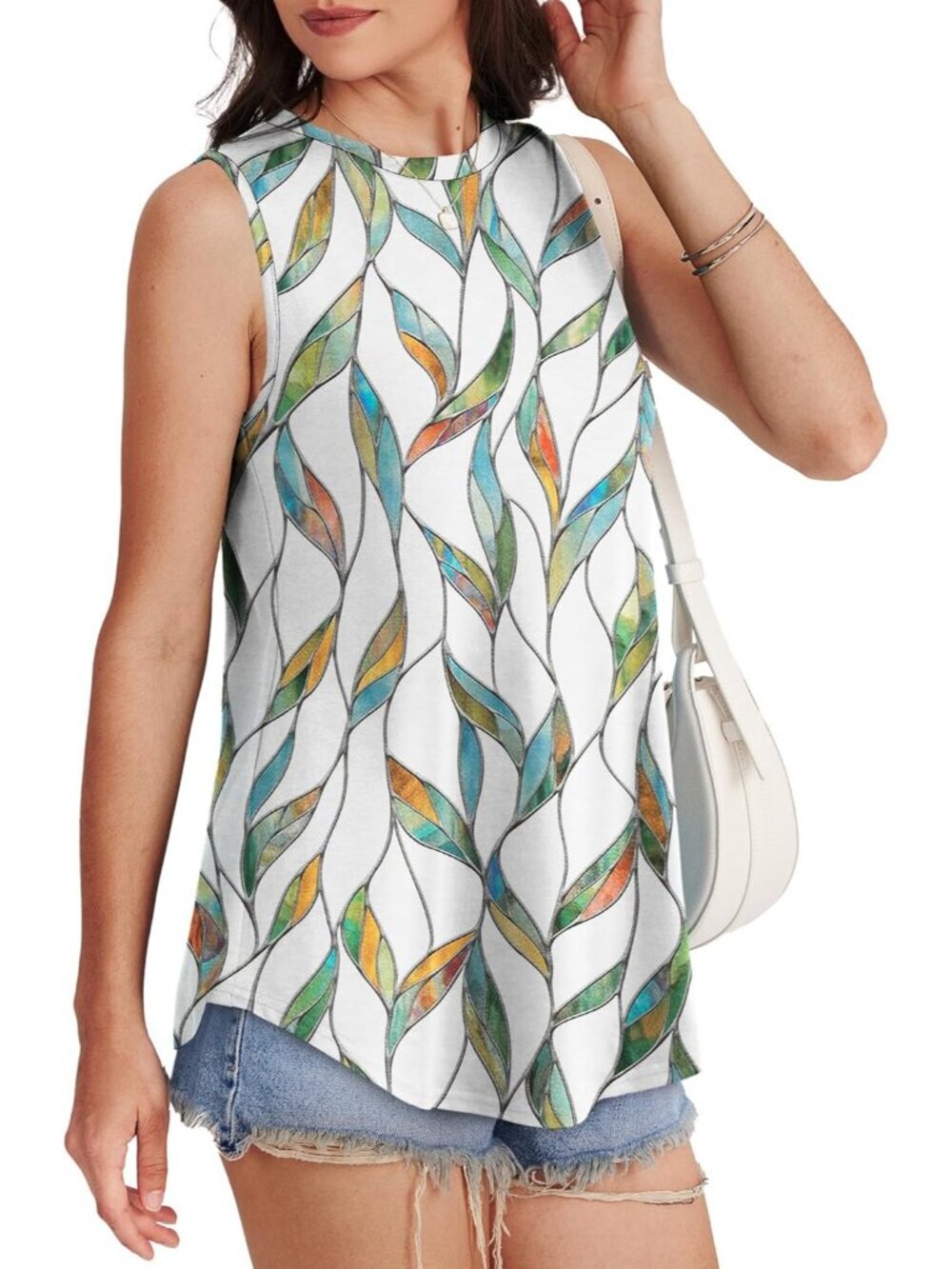 Women's Pattern Colorful High Neck Tank Loose Sleeveless Wear Summer Tunic Top - Picture 4 of 5